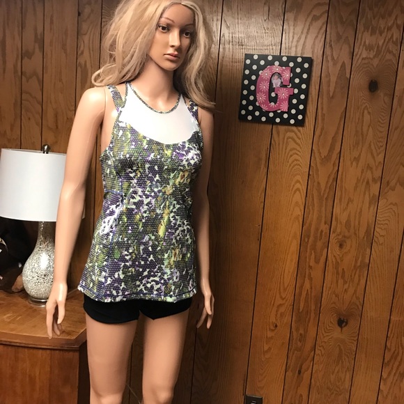 Lululemon Green Mesh Polka Dot Foloral-Active Running The City Tank -Size 6 - Picture 6 of 11